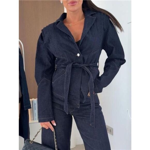 One Button Cropped Denim Jacket with Belted - Picture 1 of 5